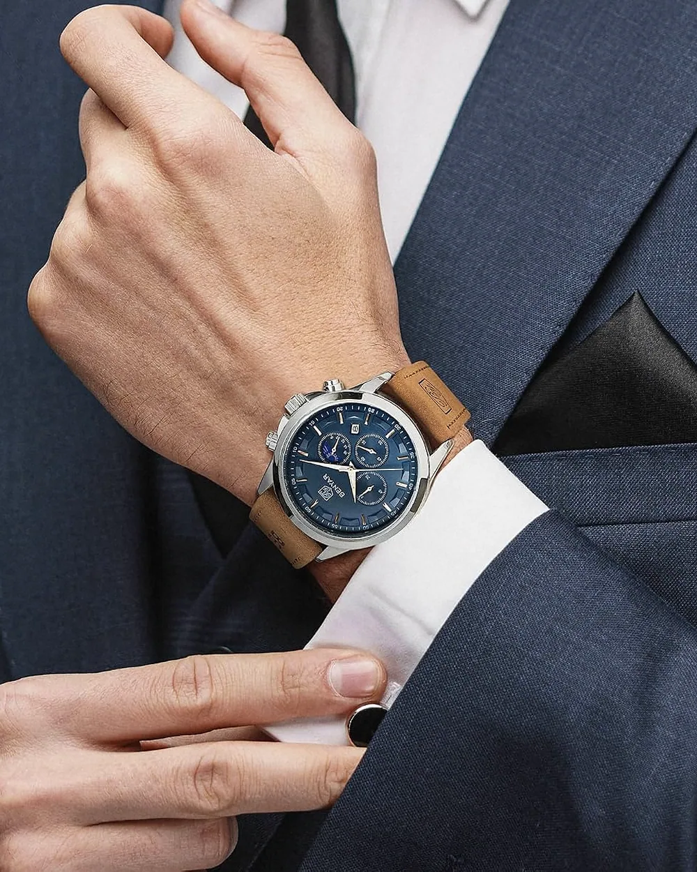 Chronograph worn with a navy suit - For Him
